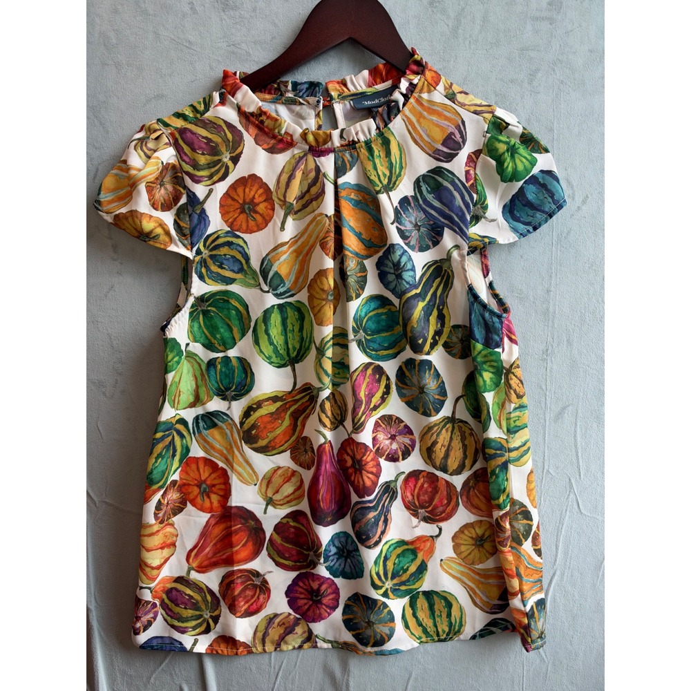 ModCloth Gourd Squash Blouse Women M White Fall Harvest Cottagecore Pumpkin